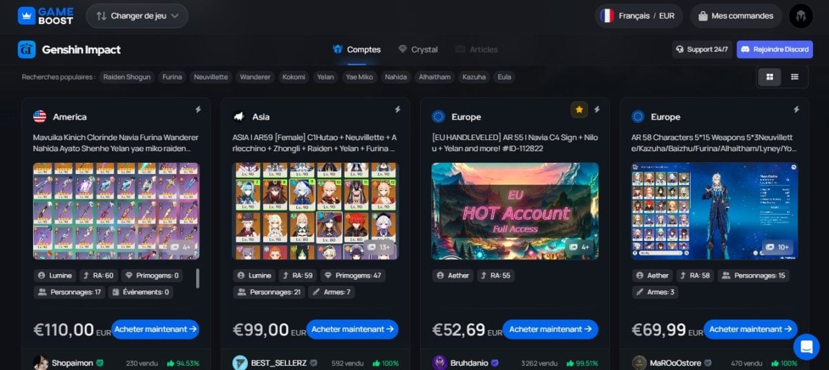 Anda akan menemukan akun Genshin Impact yang sesuai dengan semua anggaran di GameBoost 