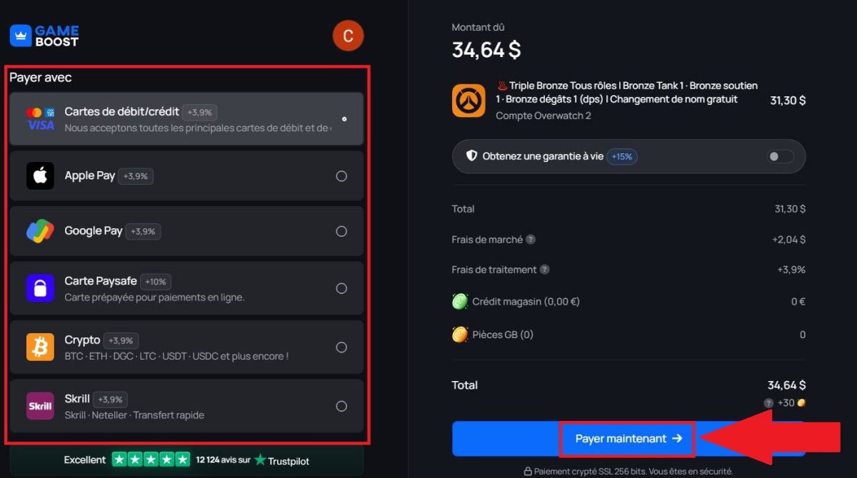 GameBoost tilbyder forskellige betalingsmetoder, så du kan købe din OW 2-konto og spille hurtigt. 