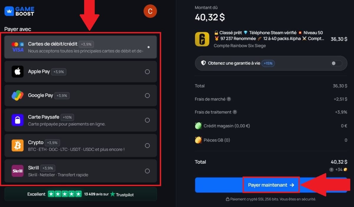 Wählen Sie die für Sie geeignete Zahlungsmethode und kaufen Sie Ihr Rainbow Six Siege-Konto.