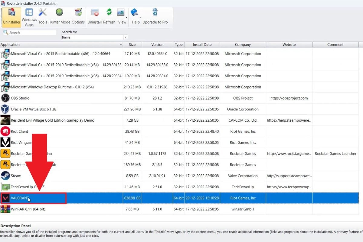 Cari Valorant dalam daftar Revo Uninstaller.