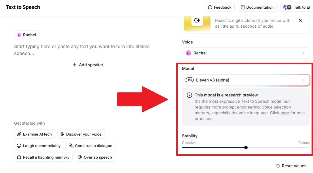 Ajustement des paramètres Text to speech sur Elevenlabs