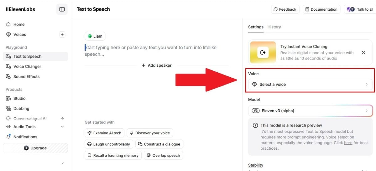 Choisissez une voix sur Elevenlabs