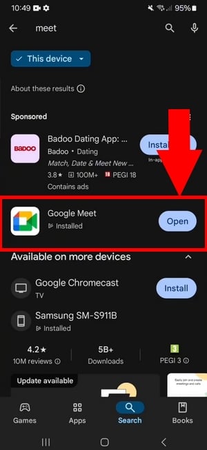 在 Play Store 中打开 Google Meet（已安装在设备上）