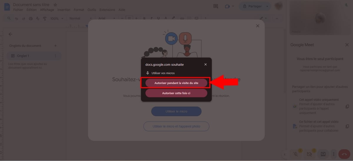 Autoriser à Meet l'accès à la caméra et/ou au micro 