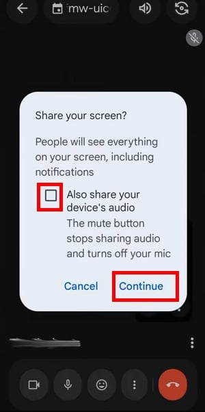 Cocher la case pour autoriser le partage de son également et Continuer
