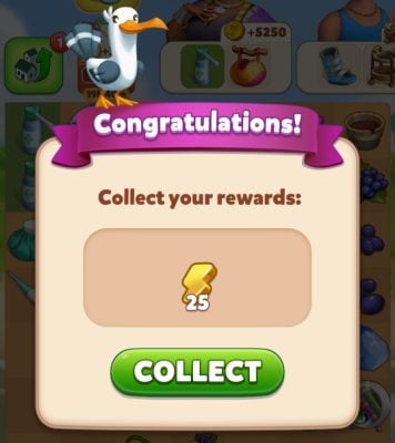 Esta captura de ecrã mostra a notificação que receberá se ganhar 25 energias na Travel Town.