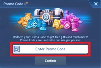 Enter the Mech Arena promo code in the space provided.