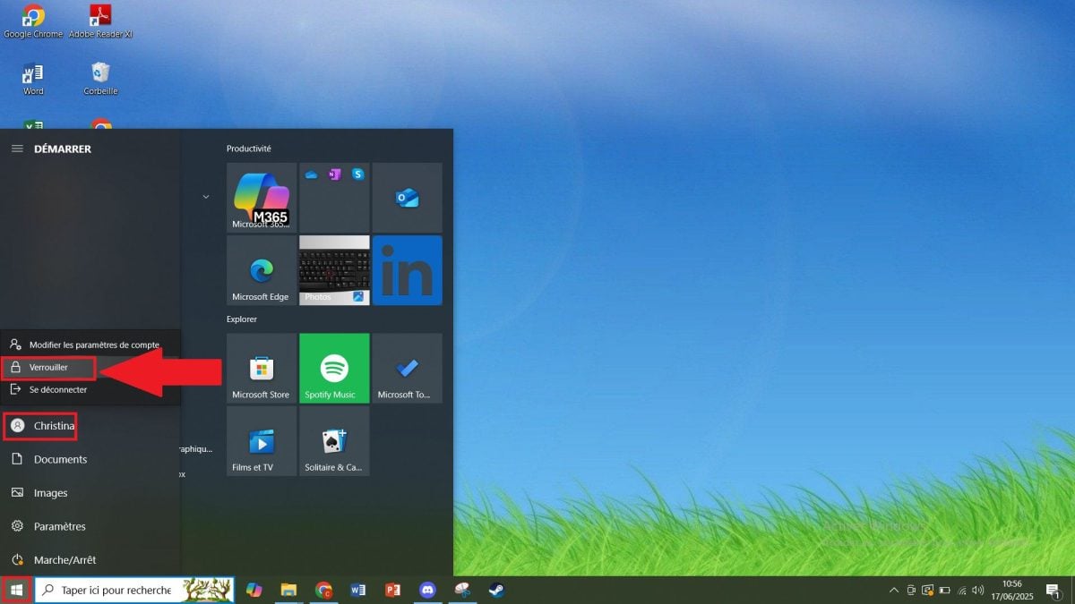 Verrouiller la session depuis le menu Démarrer de Windows.