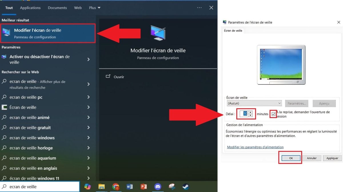 Réglage du verrouillage automatique dans l'écran de veille de Windows.