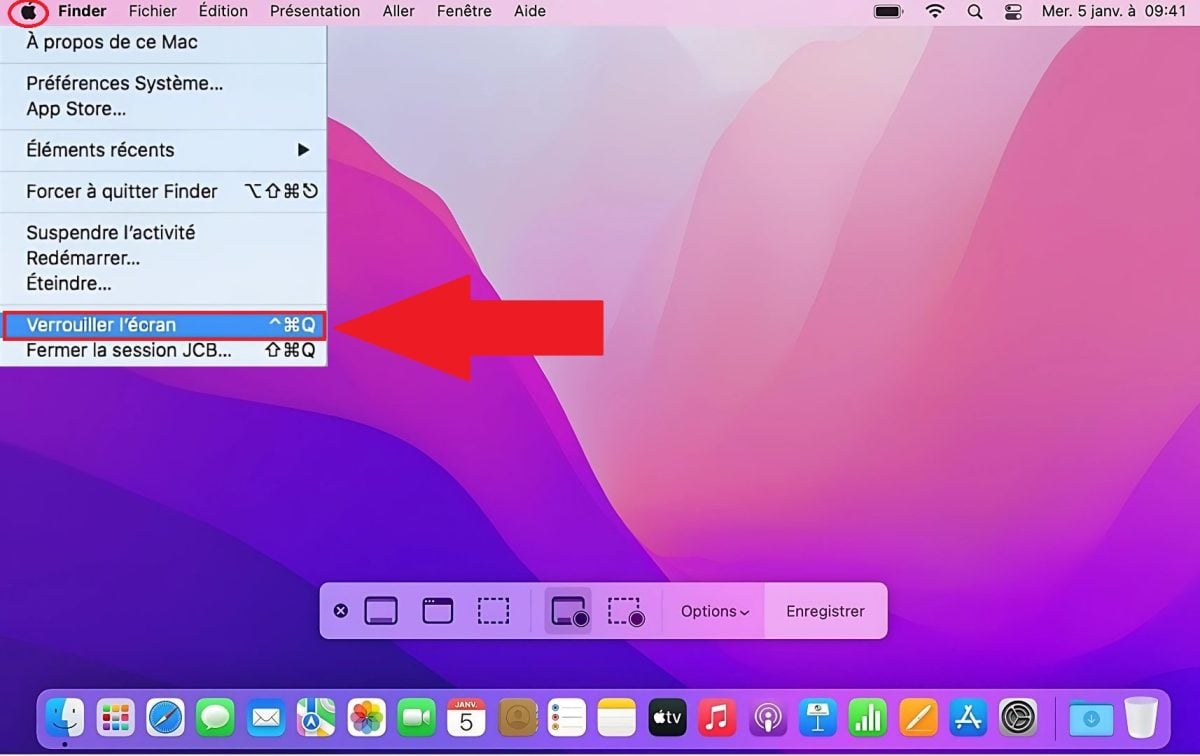 Option Verrouiller l'écran dans le menu pomme d'un Mac.