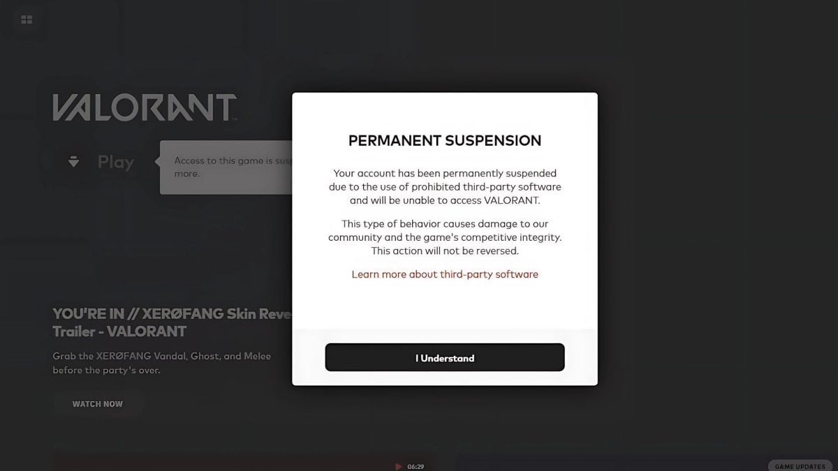 Contoh pemberitahuan jika akun Valorant diblokir. 