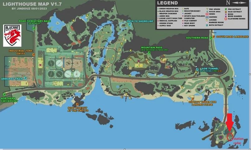 灯台の地図に示されたレーダー・ステーション