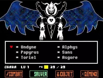 Optagelse fra spillet Undertale, der viser listen over venner, du kan redde under din kamp mod Asriel.