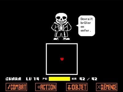 Optagelse fra spillet Undertale, der viser starten på boss's kamp mod Sans.