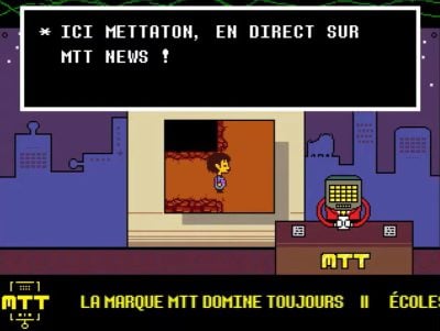 Optagelse fra spillet Undertale, der viser Mettaton TV-showet, hvor spilleren er en live-journalist.