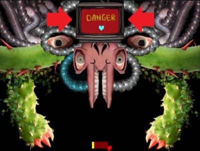 Optagelse fra spillet Undertale, der viser skærmen over Flowey, der blinker med et hjerte og ordet Danger.