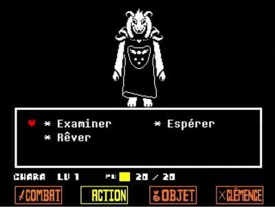 Optagelse fra spillet Undertale, der viser de mulige handlinger mod Asriel.