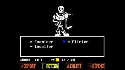 Optagelse fra spillet Undertale, der viser de handlinger, du kan udføre mod Papyrus, før du kan redde ham.