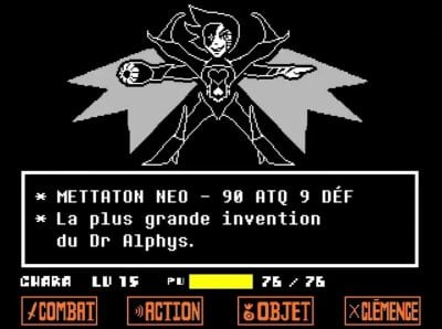 Optagelse fra Undertale-spillet, der viser, at Mettaton Neo har 90 ATQ og kun 9 DEF.