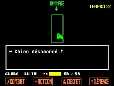 Optagelse fra Undertale-spillet, der viser det øjeblik, hvor det lykkedes at uskadeliggøre hunden.