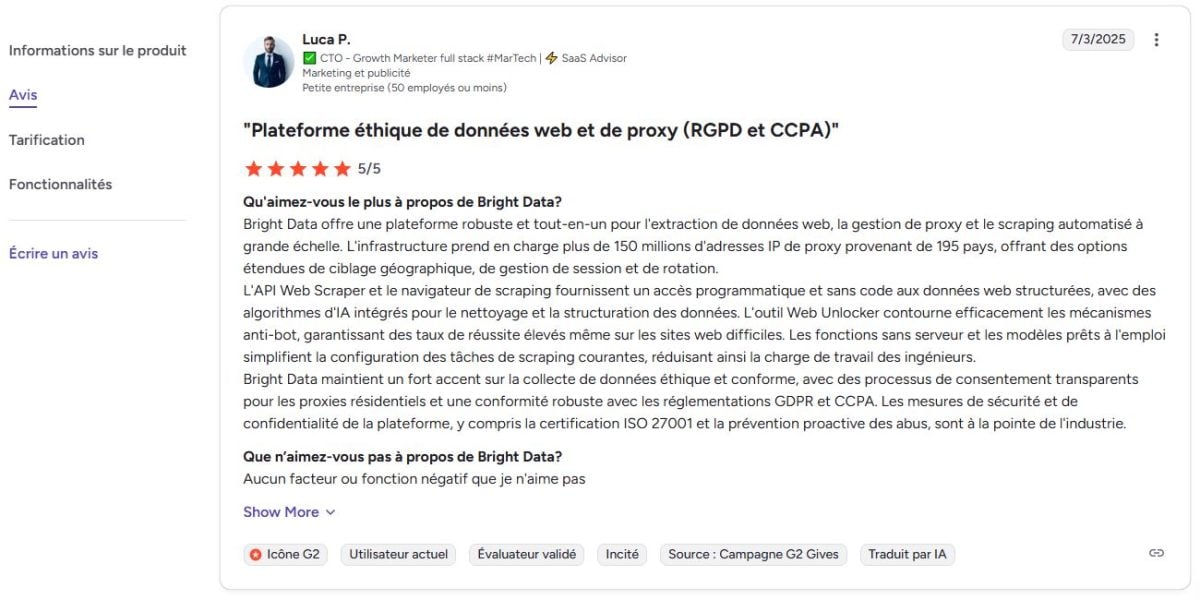 Мнения о Bright Data на G2.