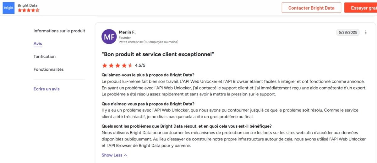 Вот пример исчерпывающего отзыва Bright Data, который можно найти на сайте G2.