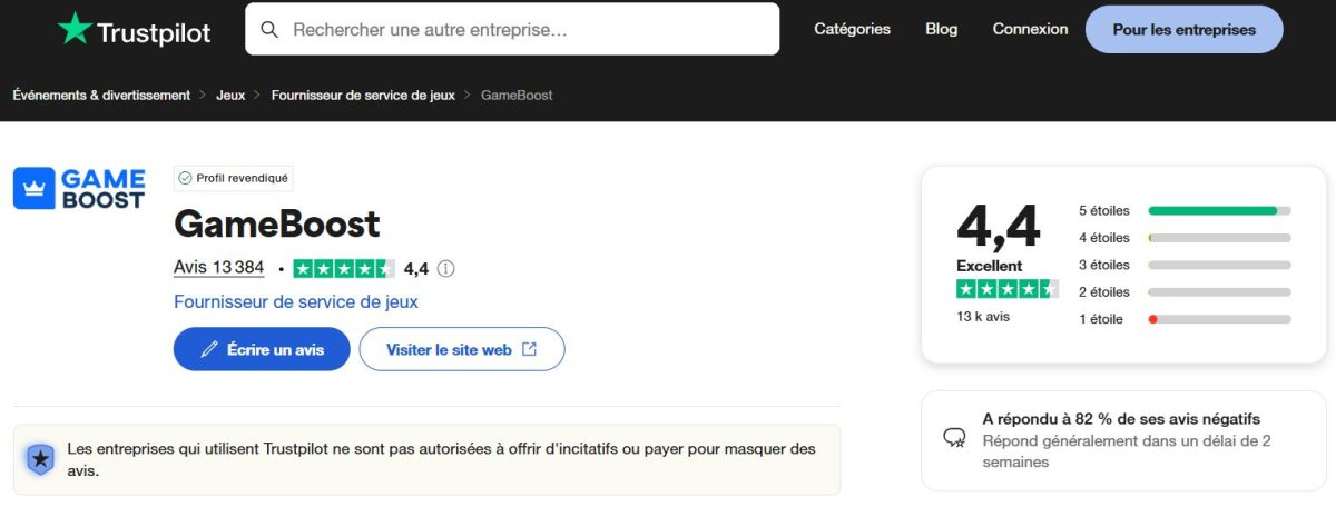 GameBoosts bedømmelse på Trustpilot.
