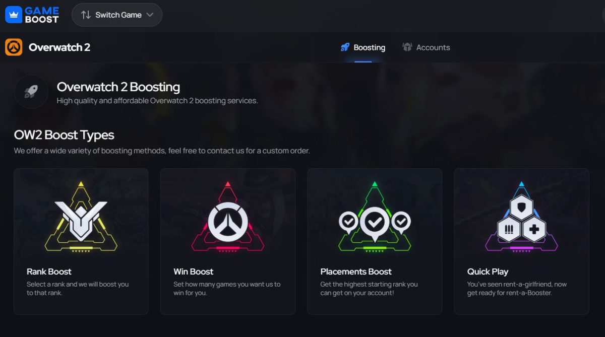 Med sine erfarne boostere tilbyder GameBoost flere boostertjenester: rank boost, win boost, placements boost, quick play.