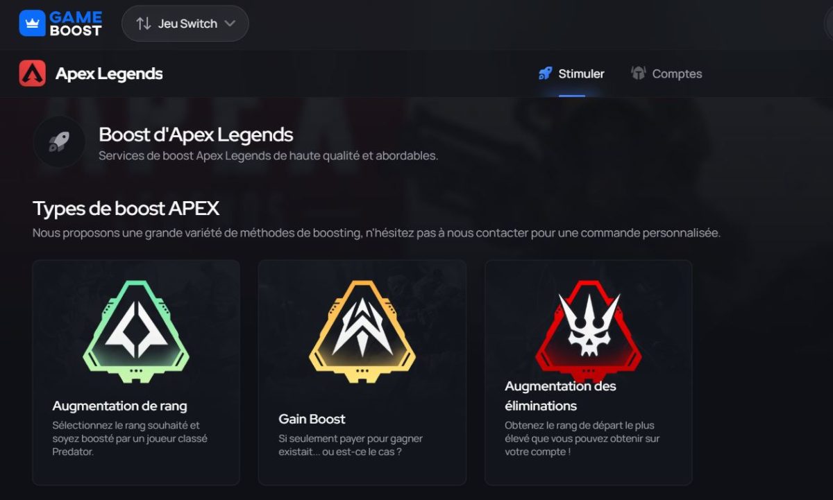 GameBoost offre servizi di aumento del grado, aumento del guadagno, vittorie e livellamento per Apex Legends. Un'esperienza ottimizzata per ogni modalità e un supporto reattivo in ogni fase del gioco. 