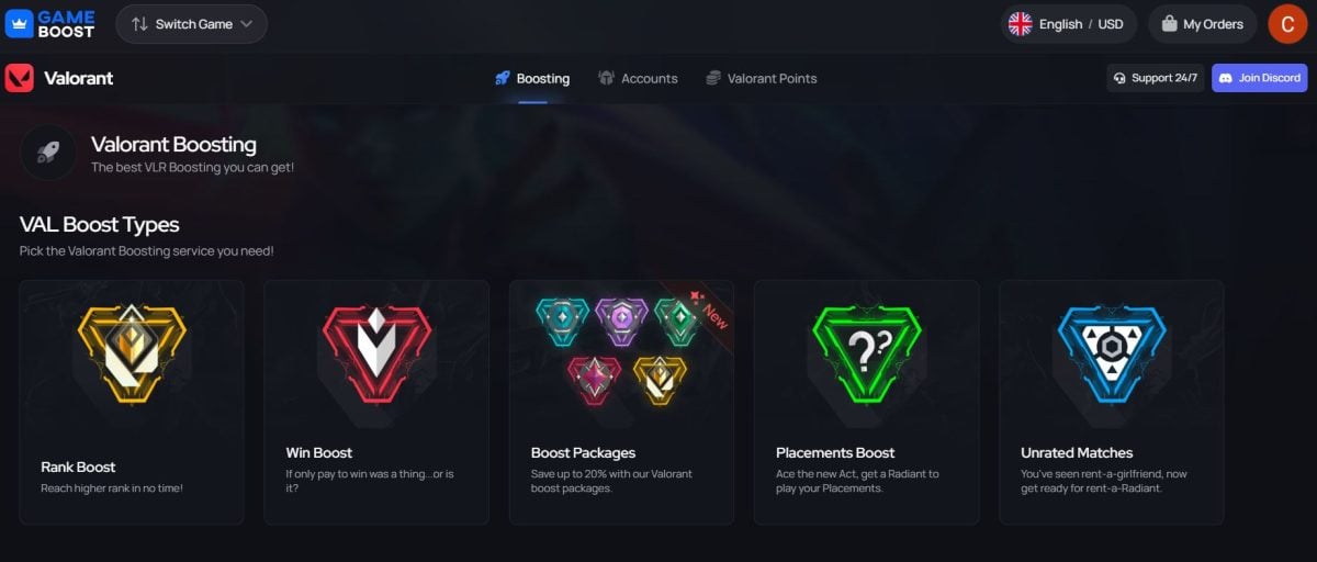 GameBoost propose plusieurs types de Valorant boosting : Rank boost, Win Boost, Boost packages, Placements boost, Unrated matches.