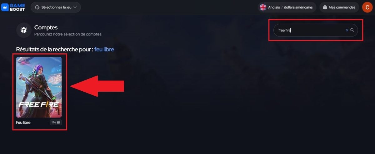 Skriv Free Fire i GameBoost-søgefeltet, og klik på resultatet for at få adgang til kontiene.