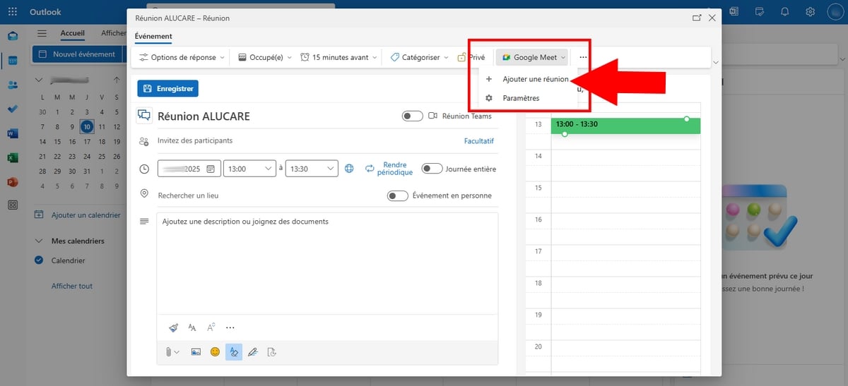 Clique em Google Meet e depois em Adicionar uma reunião através do Outlook 