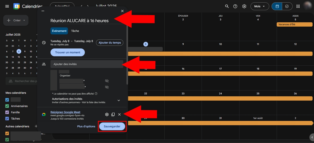 Detalhes da reunião no Google Calendar
