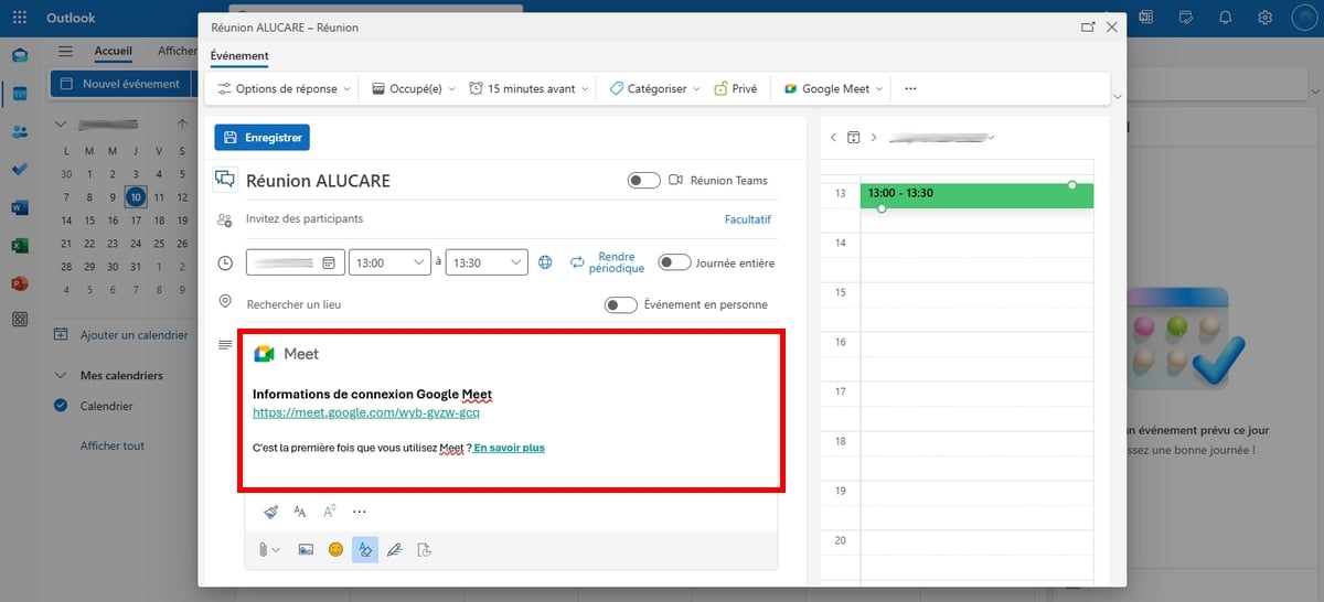 Ligação gerada a partir da reunião Meet no Outlook