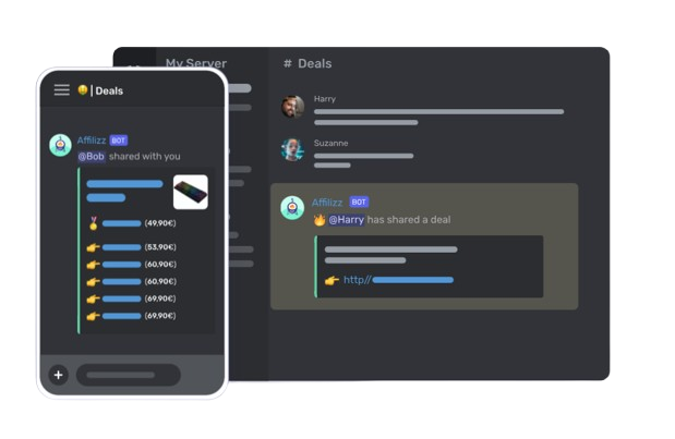 Esta captura de ecrã dá uma visão geral do bot Affilizz num servidor Discord, tanto no telemóvel como no PC.