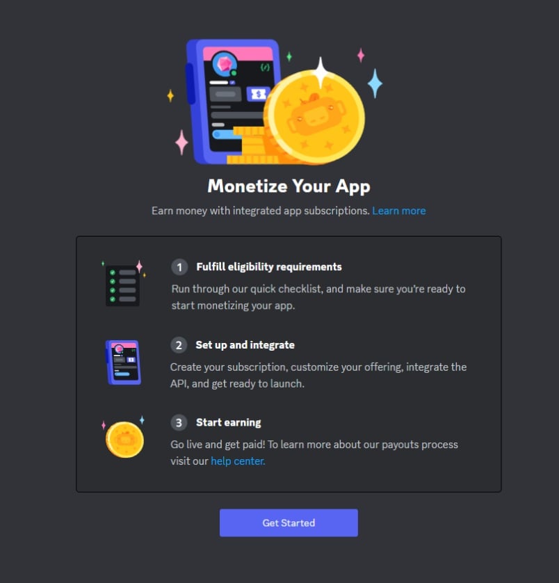 Se for elegível para monetização no Discord, a aplicação informá-lo-á.