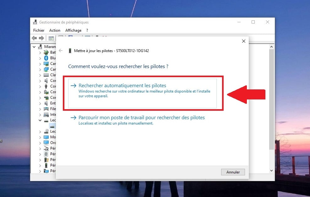 Choisir l'option de mise à jour des pilotes sur Windows