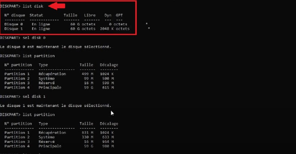 Commande list disk sur DiskPart