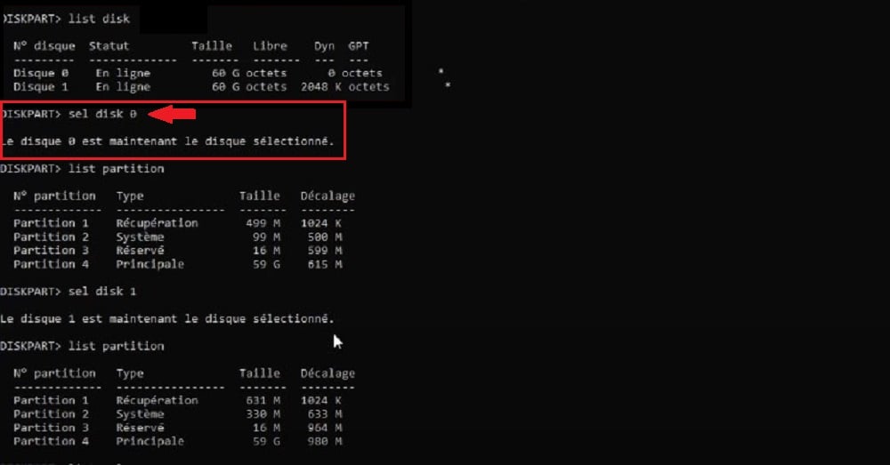 Commande sel disk sur DiskPart