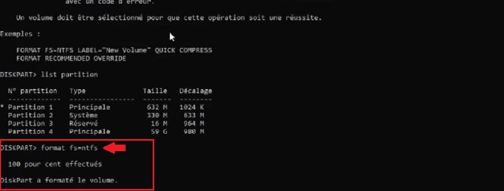Formatage de la partition sur DiskPart