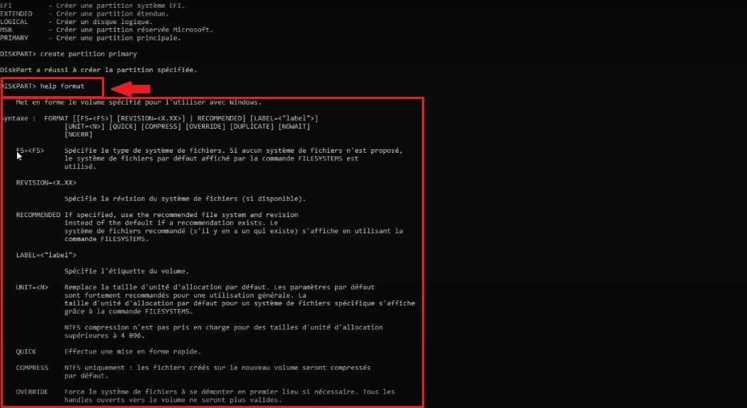 Instructions pour formater la partition