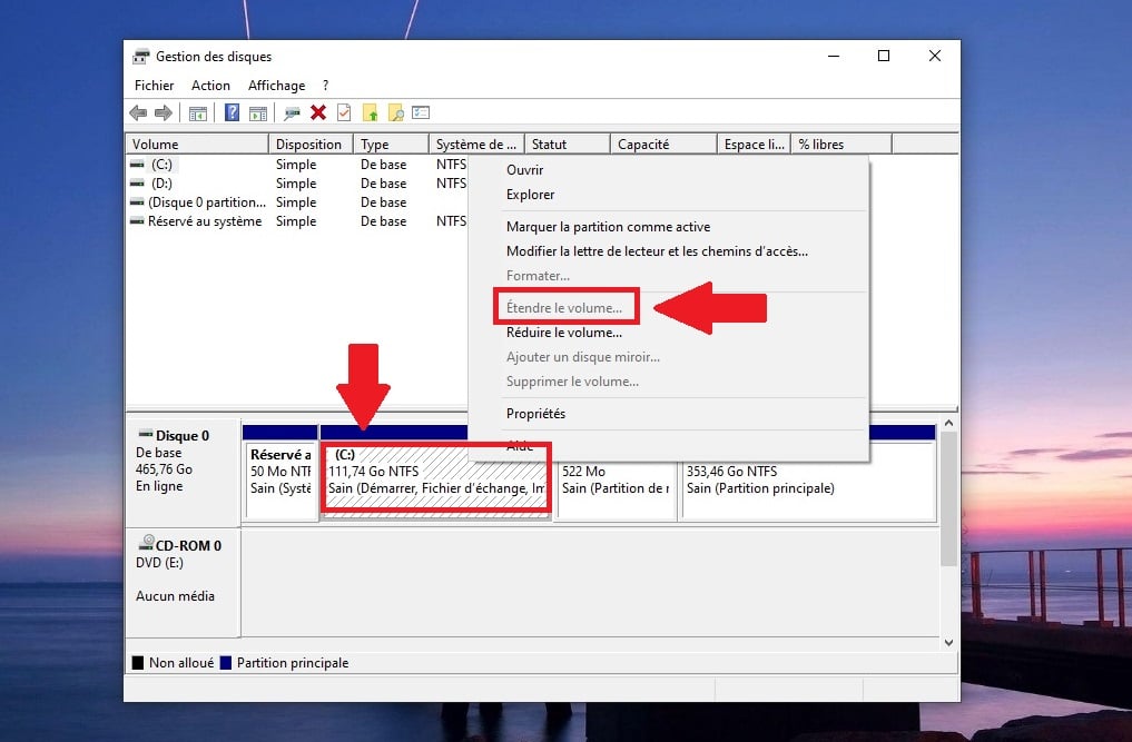 Option Étendre le volume sur Windows