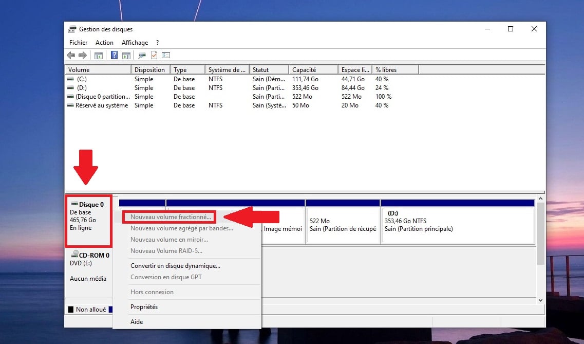 Option Nouveau volume fractionné sur Windows