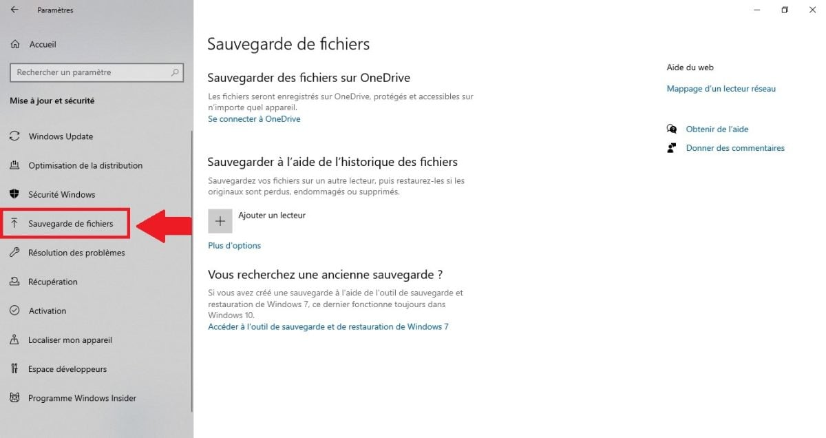 Option Sauvegarde de Fichiers sur Windows