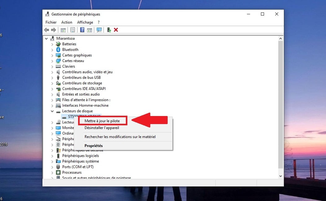 Option mettre à jour le pilote sur Windows