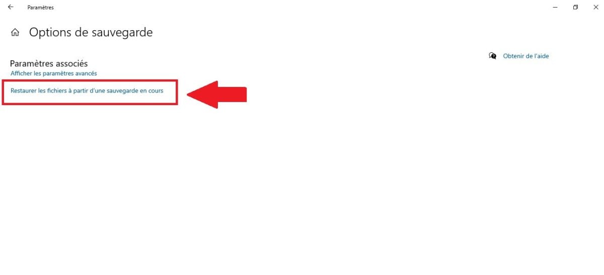 Option restaurer à partir d'une sauvegarde en cours sur Windows