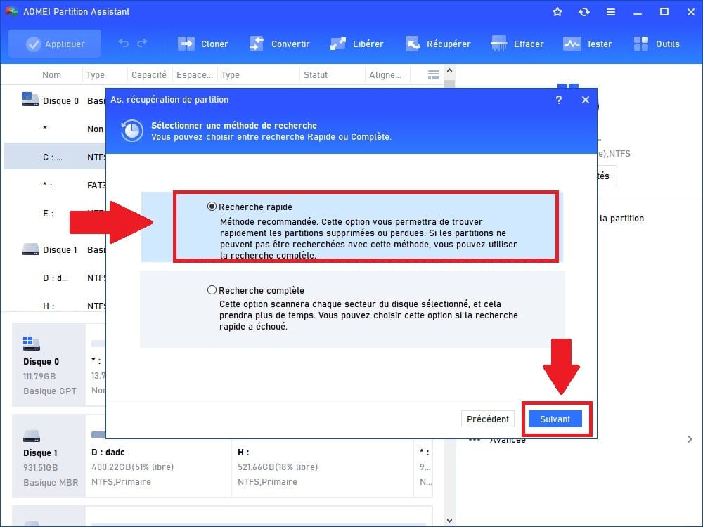 Selecione a pesquisa rápida nas opções para recuperar a partição perdida