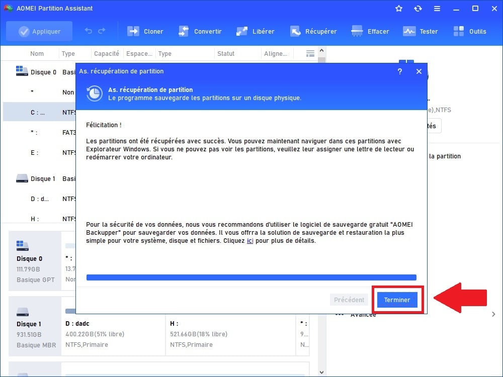 Último processo na recuperação de uma partição eliminada