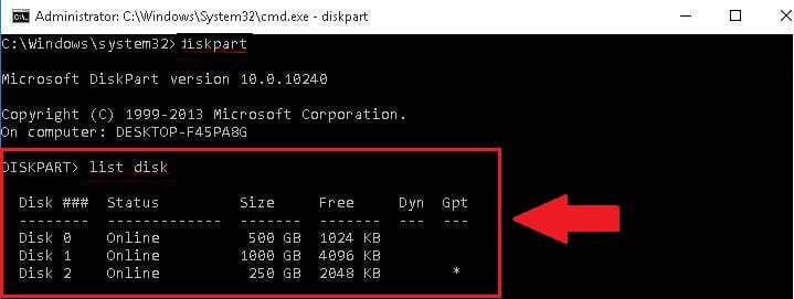 Opção List disk no DiskPart no Windows