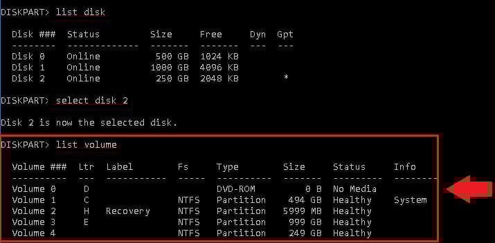 Lista de opções de volume no DiskPart no Windows